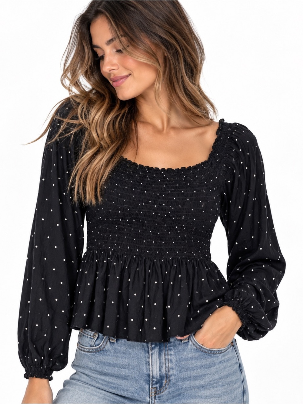 Japna Womens Black Polka Dot Smocked Peplum Top Small Puff Sleeve Cottagecore